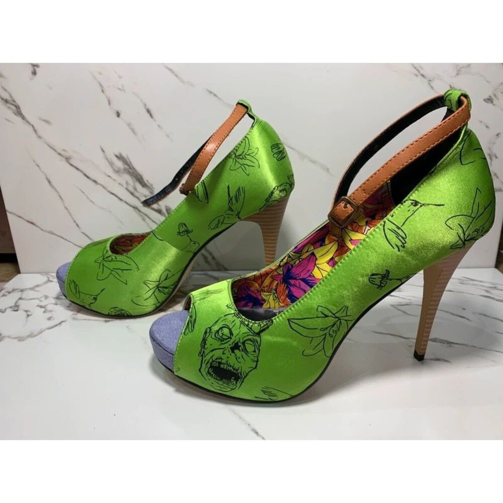 Iron Fist Zombie Stomper Platform Heels US 10 Green Y2K Goth Peep Toe Rare